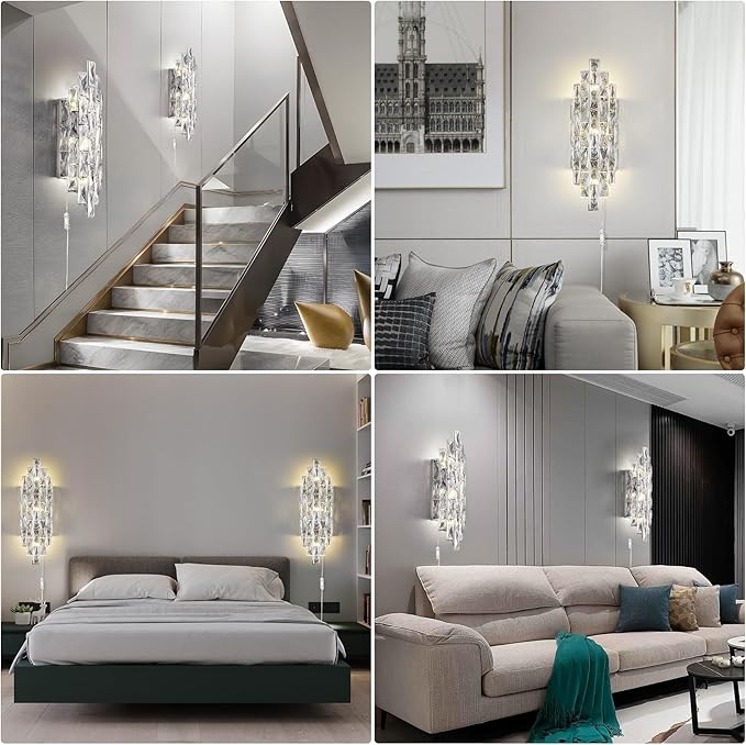 Modern Plug in Wall Sconce Crystal Wall Sconces Indoor Wall Lamp for Bedroom Chrome Light Fixture with Plug in Switch Vanity Wall Mount Lamps for Living Room Bedroom Bathroom Bedside Hallway