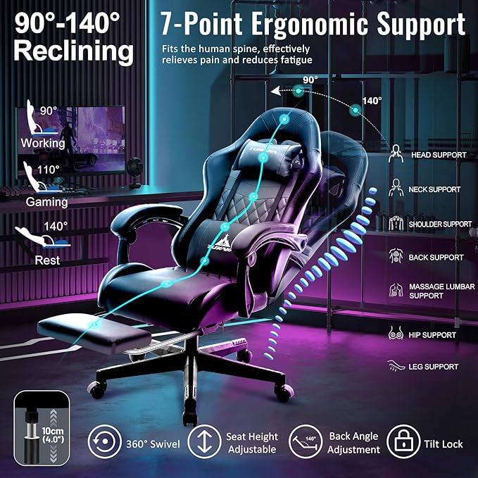 Gaming Chair,Ergonomic Massage Office Desk Chair with Footrest,Black | Pocket Spring Cushion,Reclining,Thick High Back,Headrest and Lumbar Support,Adjustable Leather Computer Chair Gamer Chair