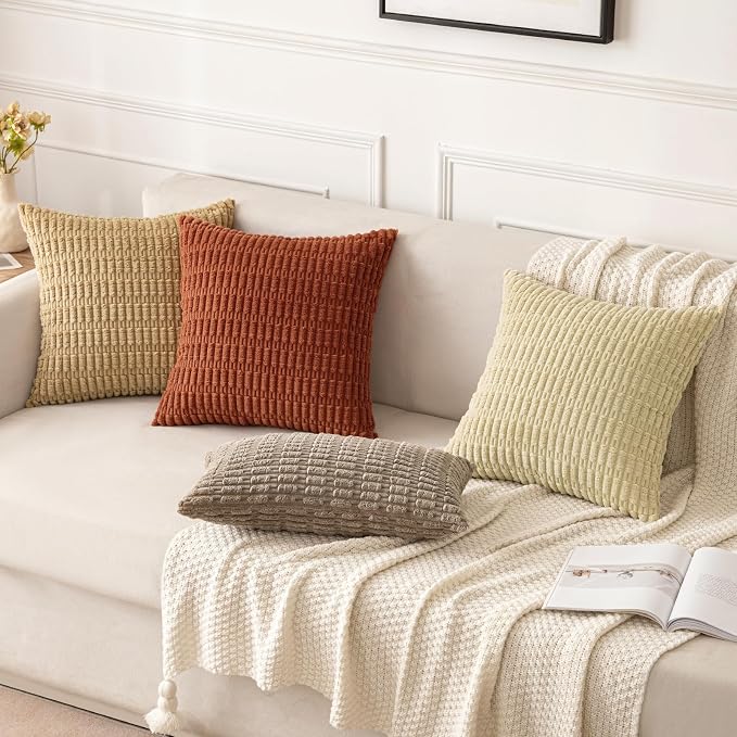 MIULEE Fall Pack of 2 Dark Rust Corduroy Decorative Pillow Covers 20x20 Inch Soft Boho Striped Throw Pillow Covers Modern Farmhouse Home Decor for Sofa Living Room Couch Bed