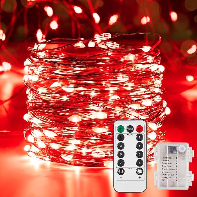 1 Pack 65.6 Ft. Battery Operated Outdoor String Lights with Remote & Timer, LED Red Fairy Lights, Waterproof Twinkle Lights for Bedroom, Dorm, Mason Jar, Wedding, Party, Christmas