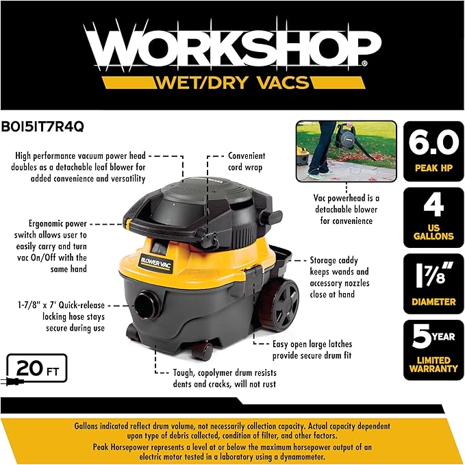 WORKSHOP Wet/Dry Vacs Shop Vacuum WS0400DE 4-Gallon 6.0 Peak HP Portable Wet Dry Vacuum Cleaner with Detachable Leaf Blower, Filters, Bag, Hose and Attachments for Indoor/Outdoor Cleaning and Blowing