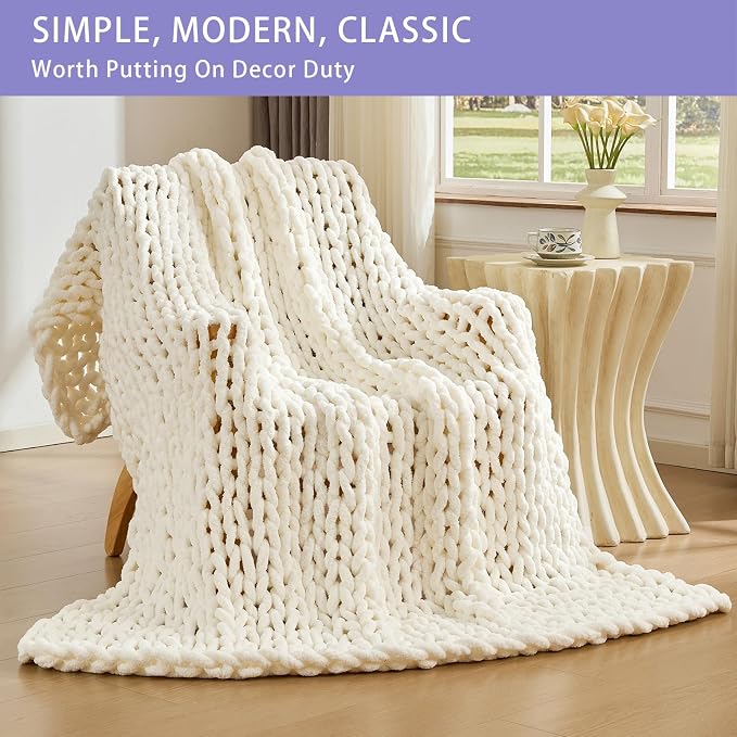 Bigacogo Chunky Knit Throw Blanket for Couch, 60x80 inches, Ivory | Hand Knit with Jumbo Chenille, Soft Breathable Cable Knit for Sofa Bed Living Room, Machine Washable, Gift for Mom Friend