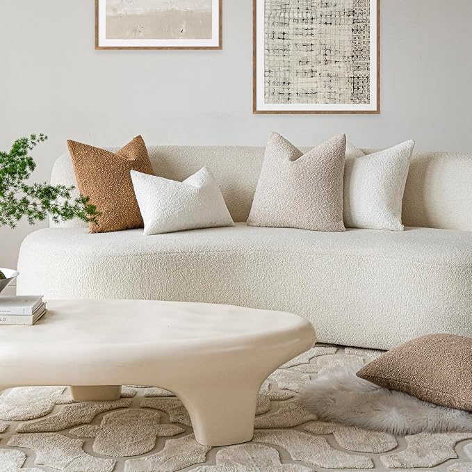 Foindtower Set of 2, Decorative Textured Boucle Throw Pillow Covers Accent Solid Pillow Cases Neutral Cozy Couch Cushion Case for Chair Sofa Bedroom Living Room Home Decor 24 x 24 Inch Ivory Beige