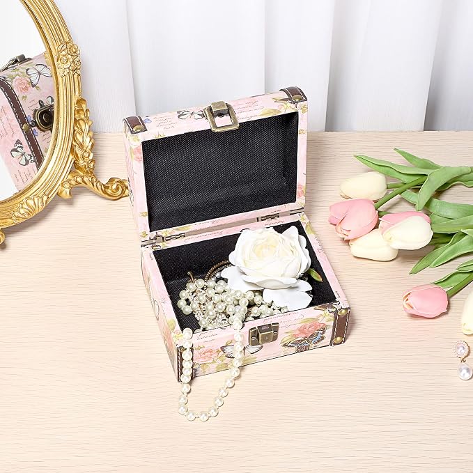 ELLDOO Decorative Treasure Chest Box, Wooden + PU Leather Storage Box for Jewelry Trinkets, Keepsakes box for Girls Women Gifts (Butterfly Pattern, Small)