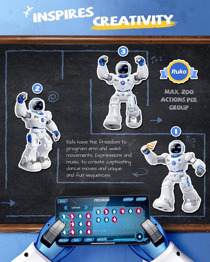 Ruko 1088 Smart Robot Toy for Kids, Large Programmable Interactive Gift | Support Remote Control & App Control & Voice Command, Birthday Gift for Boys & Girls Ages 4 5 6 7 8 9, Blue