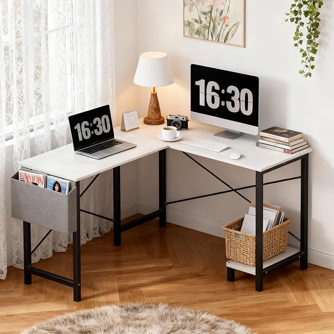 OLIXIS L Shaped Desk, 50-Inch Office Computer Gaming Desks Corner PC Table with Side Bag and Reversible Shelf for Home Work Study Writing White | Side Bag, Reversible Shelf, Home Work Study Writing, PC Workstation, Easy Assembly, White