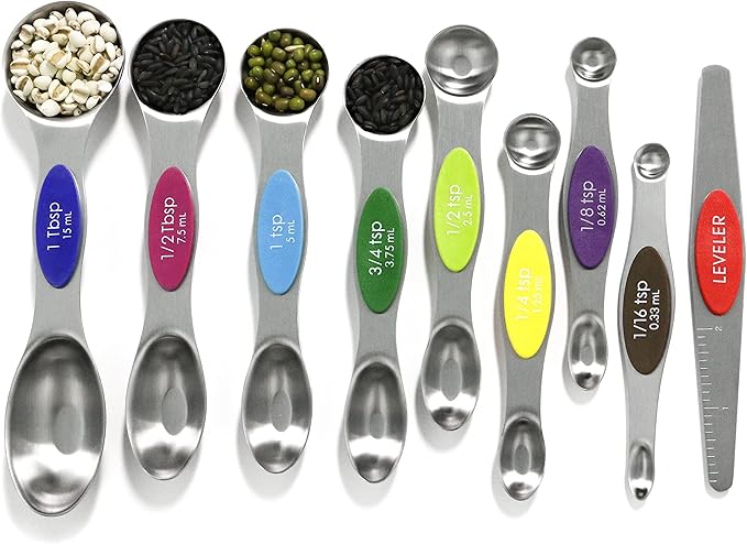 Magnetic Measuring Spoons Set Stainless Steel with Leveler, 9pcs Multicolors Measuring Cups Set for Baking, Measuring Cups and Spoon Set Kitchen Gadgets Apartment Essentials Fits in Spice Jars