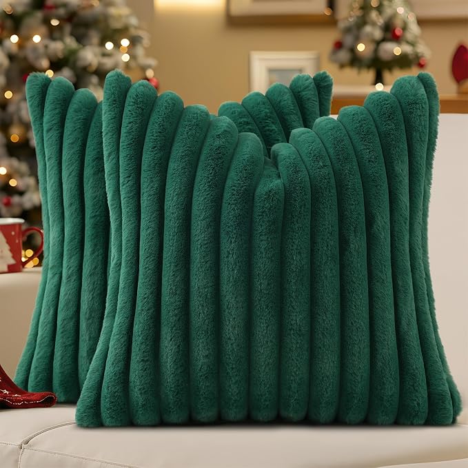 decorUhome Fall Faux Fur Throw Pillow Covers 22x22 Set of 2 Christmas Green | Decorative Soft Cozy Striped Plush Modern Farmhouse Boho Couch Pillow Cases Velvet Back for Sofa Bed Living Room Home Decor