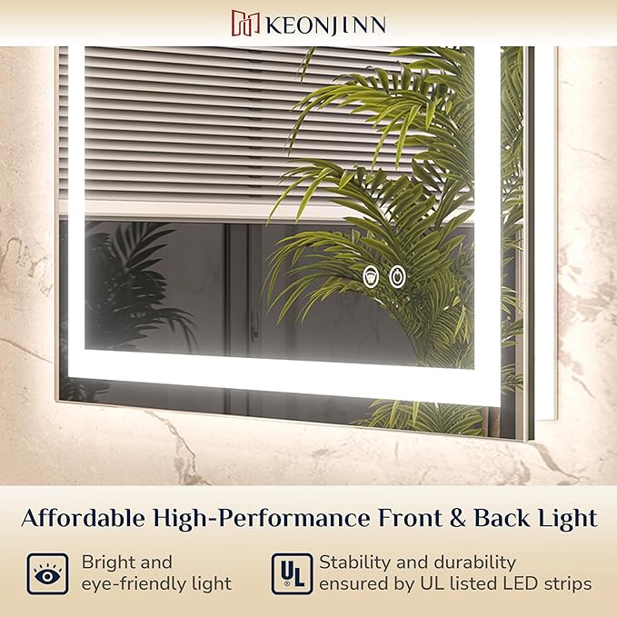 Keonjinn 55 ” x 36 ” Lighted Mirror for Bathroom Wall, LED Mirror with Frontlit & Backlit, Bathroom Mirror with Lights, Dimmable 3-Color Lights, HD Tempered Glass, UL-Listed LED Driver