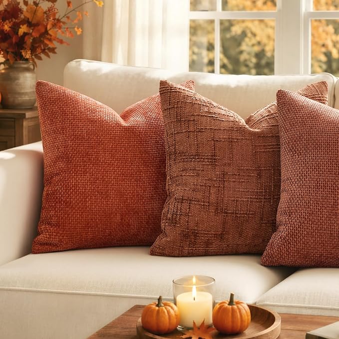 MIULEE Chenille Textured Fall Euro Throw Pillow Covers Burnt Orange 26x26 | Set of 2, Slubby Decorative Pillows, Boho Farmhouse Home Decor, Modern Neutral Cushion Covers for Couch Sofa Bed Living Room