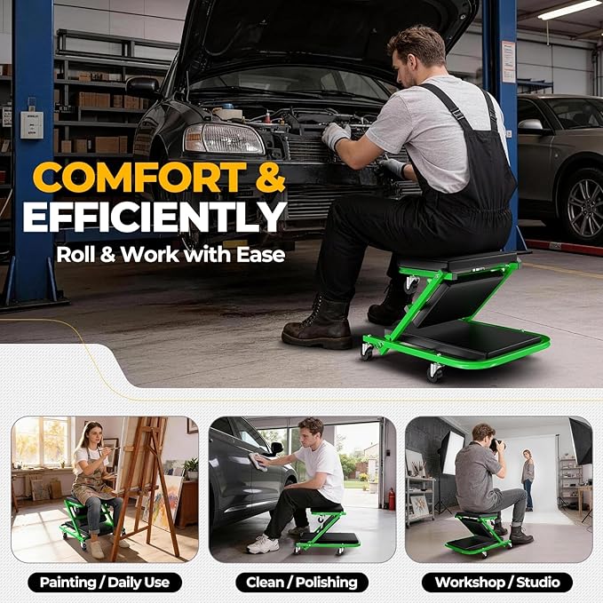 Auto Dynasty 40" Z-Creeper Seat, 2-in-1 Foldable Garage Creeper Shop Seat, 330 LBS Capacity Automotive Mechanic Repair Under Car Rolling Creeper Seat, Green