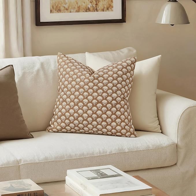 MIULEE Floral Print Decorative Euro Pillow Covers 22x22, Cognac | Vintage Boho Farmhouse Modern Home Decor, Set of 2, Block Print Cushion Covers for Couch Sofa Bed Living Room
