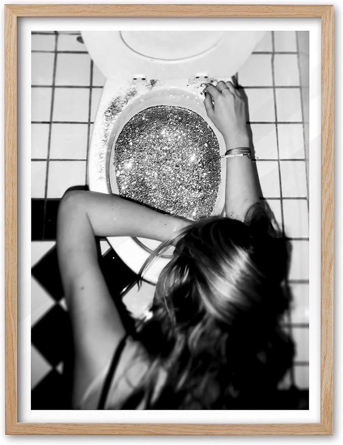 EcoHest 12x16 in After the Disco Party Framed Wall Art for Bathroom | Natural Oak Wood Frame, Canvas Wall Art, Black & White Funny Wall Decor for Bathroom, Bedroom, Dorm Room, College Room, 1Pack