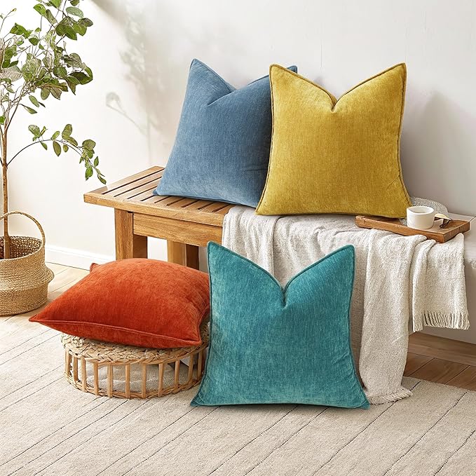 decorUhome Chenille Mineral Yellow Throw Pillow Covers 18x18 Set of 2 | Fall Soft Couch Decorative Modern Velvet Pillow Cases with Elegant Design for Sofa Bed Living Room Home Decor