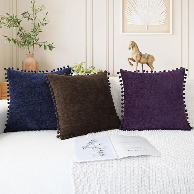 CaliTime Decorative Couch Throw Pillow Covers 20 X 20 Inches Coffee | Pack of 2, Cozy Chenille Cushion Cases, with Pom Poms for Sofa Bed Living Room Farmhouse Home