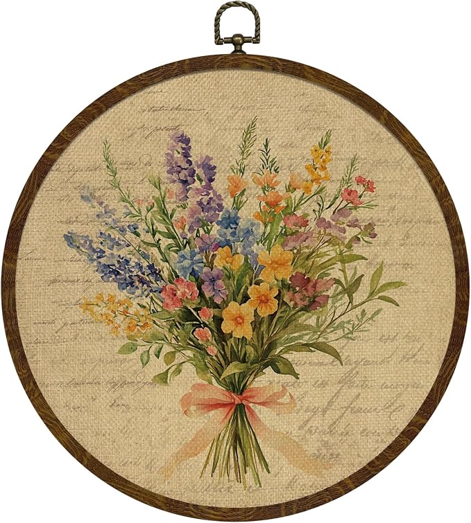 Vintage Floral Round Wall Art Decor,Retro Flower Wall Art Decoration, Watercolor Wildflower Botanical Canvas Print with Frame,Farmhouse Decor for Bedroom Living Room Gallery Space10"x10" (Letter Flowers-01)