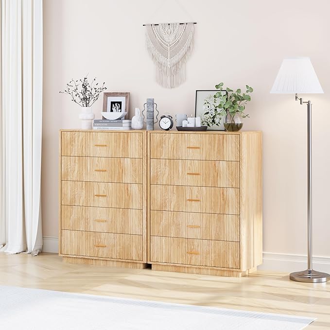 Fluted 5 Drawers Dresser for Bedroom, Wooden Tall Storage Dresser TV Stand, Curved Profile Modern Chest of Drawers, Wood Closet Clothes Storage Organizer for Living Room, Hallway, Natural 2 Sets