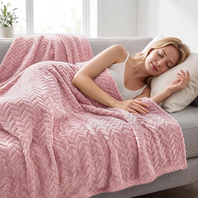 Exclusivo Mezcla Fleece Pink Throw Blanket for Couch Sofa Bed, 50”x70” | Oversized Soft Cozy Fluffy Blankets for Summer, Decorative Plush Flannel Throws for Living room, Bedroom with Leaves Pattern