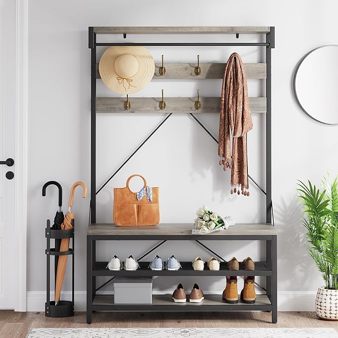 IDEALHOUSE Coat Rack Shoe Bench Industrial Hall Tree Storage Bench for Entryway Wood Look Accent Large Shoe Rack with Storage Shelf Hanging Bar,8 Hooks Grey 39.9"x15.7"x72"