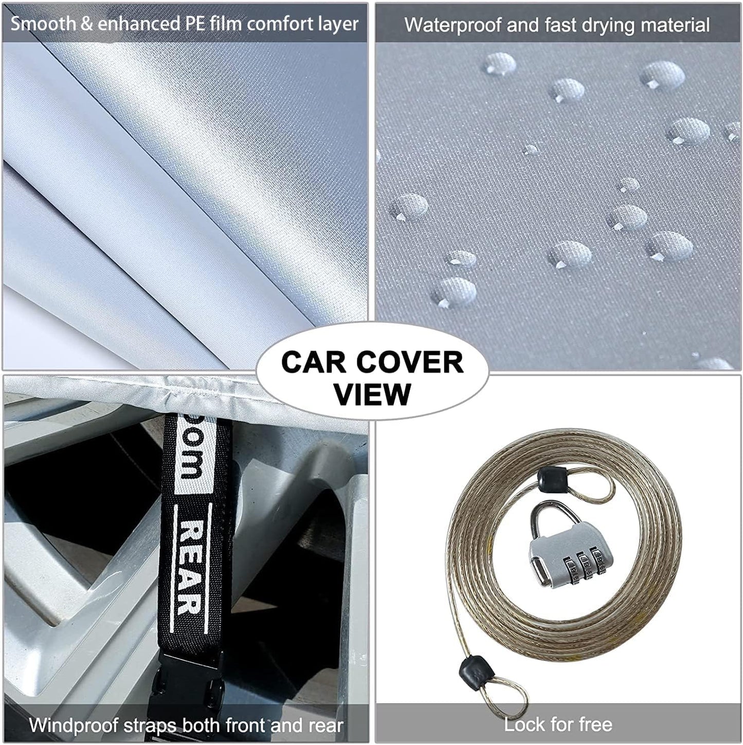 Tecoom Light Shell Breathable Material Classic Zipper Design Waterproof UV-Proof Windproof Car Cover with Storage and Lock for All Weather Indoor Outdoor Fit 191-205 Inches SUV