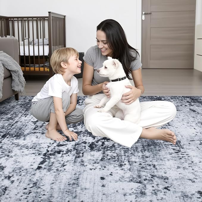 Round Area Rug for Living Room: 5 ft Washable Modern Abstract Soft Thin Rug Indoor Floor No Slip Stain Resistant Carpet for Bedroom Dining Room Farmhouse Nursery Home Office - Black