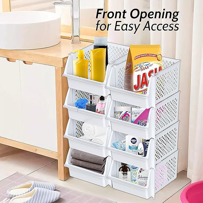 TidyFriend Stackable Storage Bins for Pantry, 4 Pack Stackable Bins For Organizing Food, Kitchen, and Bathroom Essentials (White)