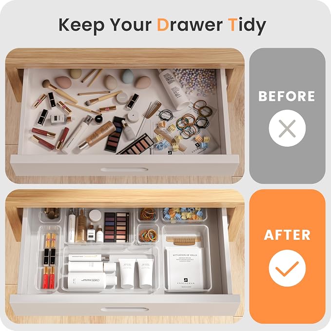 A-LuGei 【Military Grade】 Drawer Organizer,【】 Makeup organizer,【Holds 177 Items】 Bathroom Organizers and Storage,Organization and Storage,Desk Drawer Organizer for Vanity【Clear】
