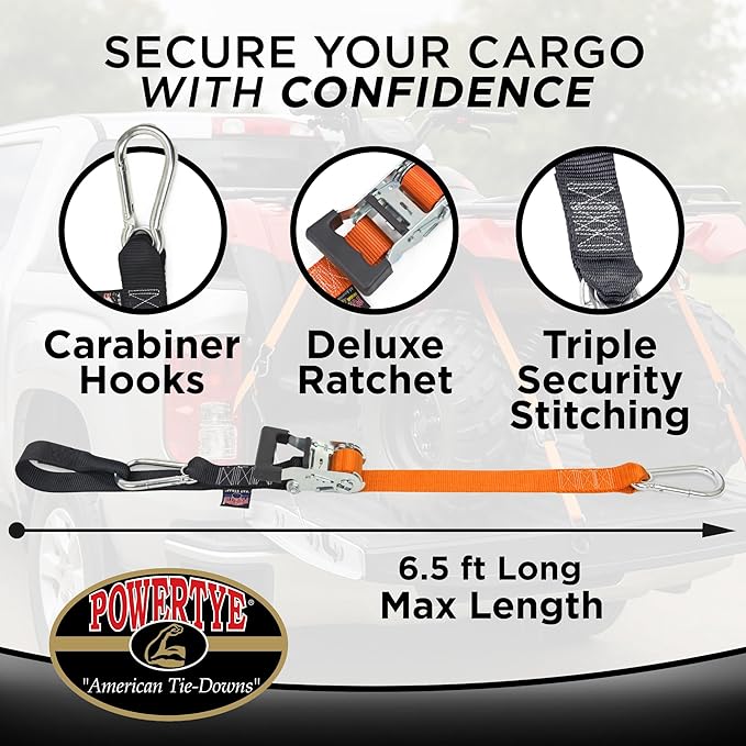 PowerTye 1.5in x 6.5ft Heavy Duty Ratchet Tie-Down Straps with Soft-Tye, Carabiner Hooks - 1,000 lb Working Load Limit / 3,000 lb Breaking Strength - Made in USA - Orange/Black Pair + Storage Bag