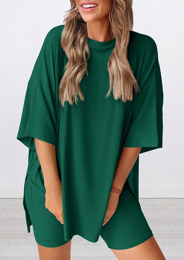 PRETTYGARDEN Women 2 Piece Lounge Set 2026 Summer Casual Oversized Shirts Biker Shorts Matching Airport Travel Outfit Clothes