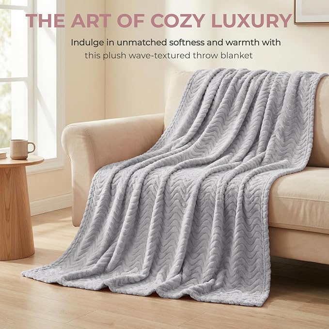 Exclusivo Mezcla Soft Fleece Blanket Queen Size for Bed, Sofa, Light Grey | 90"x90" Breathable Lightweight Flannel Blanket for Summer, Plush Cozy Jacquard Wave for Home Decor