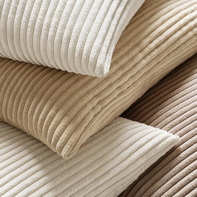 MIULEE Decorative Corduroy Throw Pillow Covers Set of 2 12x12 Cream White | Soft Striped Textured Cushion Cases, Boho Square Pillowcases Neutral Home Decor, for Couch Chair Sofa Bed Living Room