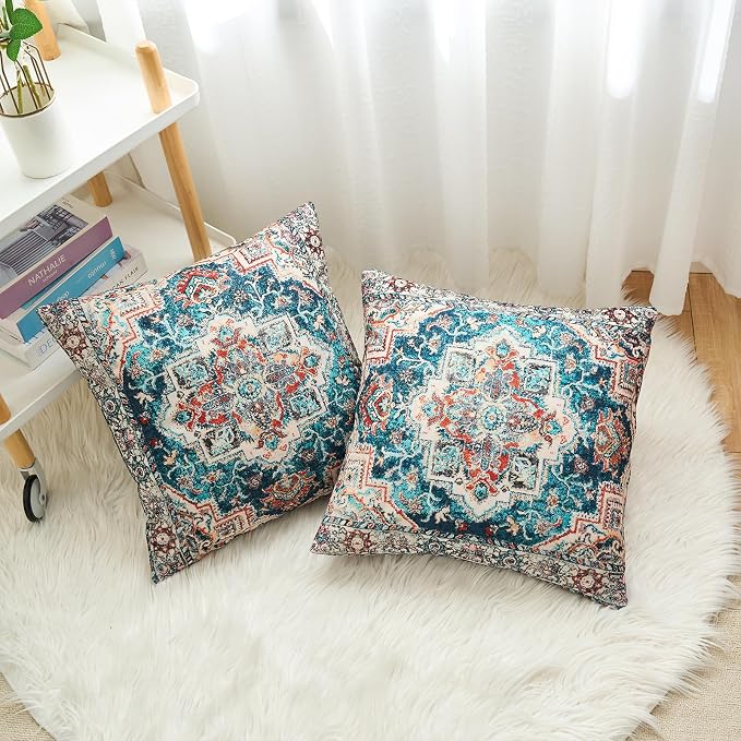 Boho Throw Pillow Covers 22x22 inch Set of 2,Boho Vintage Carpet Pattern Antique Ethnic Decor Double Sided Pattern Cushion Cover Soft Pillow Case Living Sofa Room Bed Square Pillow Cover
