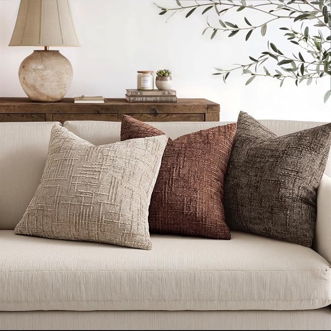 MIULEE Chenille Textured Fall Throw Pillow Covers Brown 20x20 Set of 2 | Slubby Decorative Pillows, Boho Farmhouse Rustic Home Decor, Modern Neutral Cushion Covers for Couch Sofa Bed Living Room