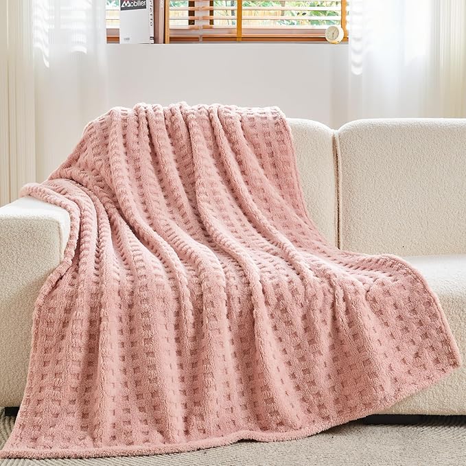NEWCOSPLAY 3D Waffle Checkered Flannel Queen Blanket, Pink, 90"x90" | Super Soft Cute Lightweight Decorative Premium Silky Fleece Blanket for Couch Sofa Bed, Gift for Women Men, All Season Use