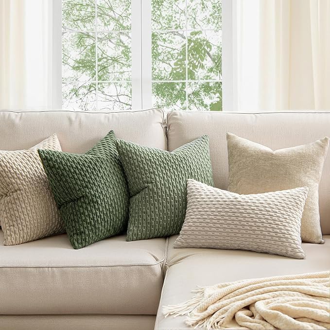 MIULEE Euro Sham Decorative Throw Pillow Covers 22x22 Sage Green Corduroy | Textured Striped Pack of 2 Striped Pillow Covers Modern Farmhouse Home Decor for Couch Bed Sofa Living Room