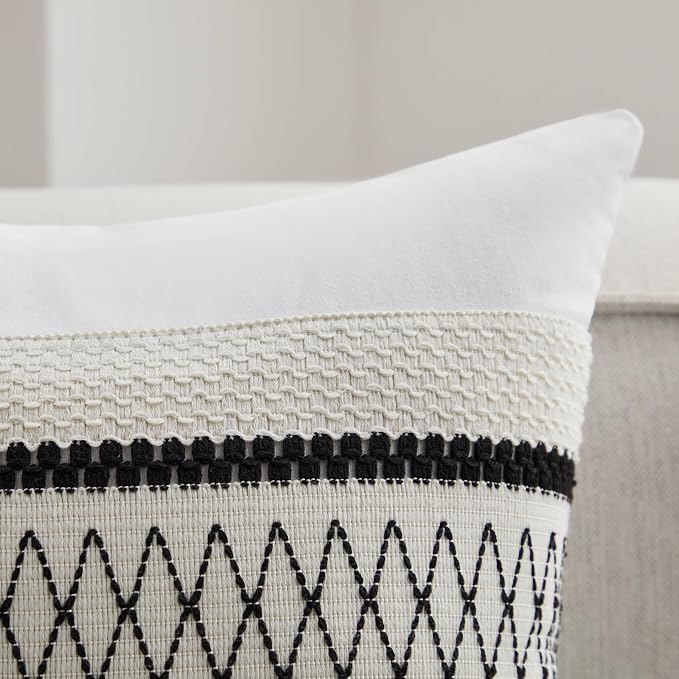 2pk Boho Pillow Covers 18x18, Natural White/Grid/Black | 100% Organic Cotton Body, Stripe Embroidery, Farmhouse Decorative Cushion Covers for Sofa Bed Living Room Home Decor