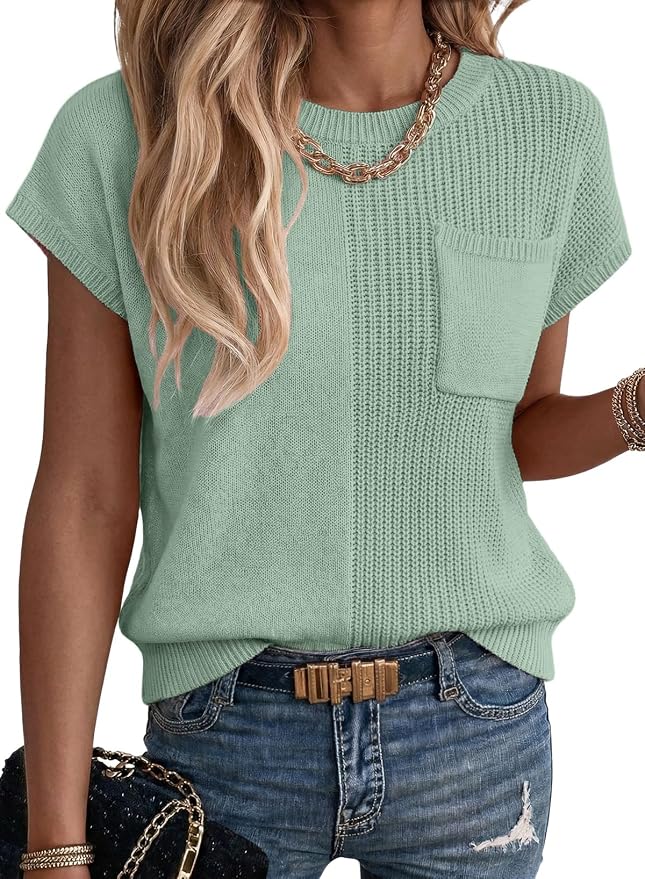 Dokotoo Summer Knit Tops for Women Sleeveless Crewneck T Shirts Casual Lightweight Sweater Blouses Shirts