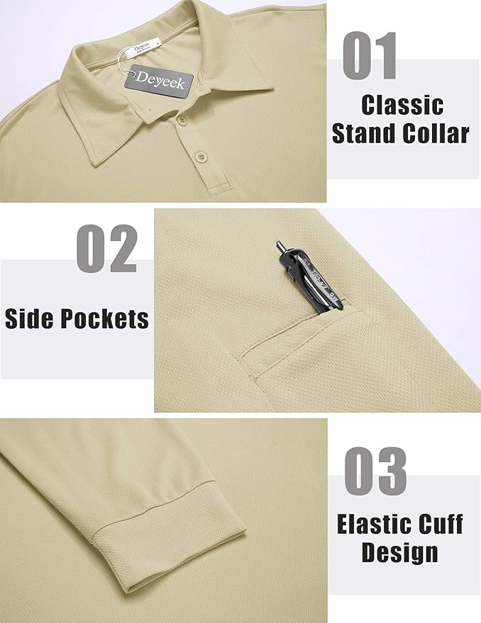 Deyeek Men's Polo Shirts Long Sleeve Golf Polo Shirts for Men Quick Dry UPF 50+ Sun Protection Polos Casual Collared Shirts