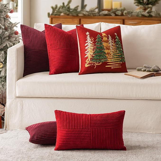 MIULEE Christmas Red Decorative Throw Pillow Covers for Couch 18x18 Inch | 2 Pack, Boho Farmhouse Pillow Covers, Soft Cross Corduroy Patchwork Textured Cushion Cases For Bed Sofa