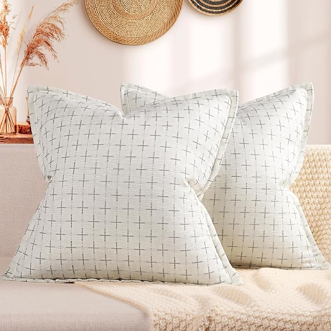 Pillow Covers 24x24 Set of 2 Soft Polyester Textured Pillow Covers with Stylish Flange Edge Cozy Farmhouse Throw Pillows for Couch Bed Sofa Living Room