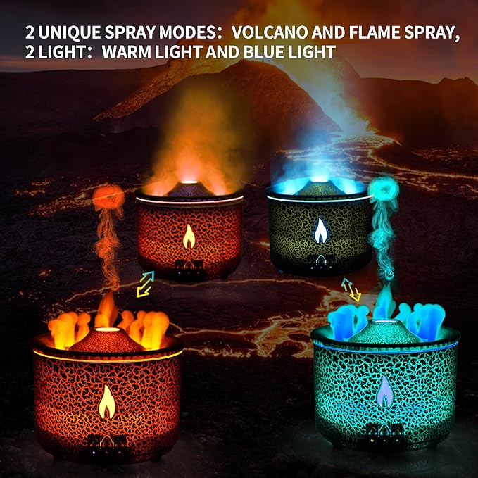 BOHOFAM Aroma Essential Oil Diffuser 360 ML,Volcano and Flame Diffuser/Humidifier,give1.76 oz Hotel Collection Essential Oils,Blue/red Light Selection,Diffusers for Home,Large Room(Black Cracks)