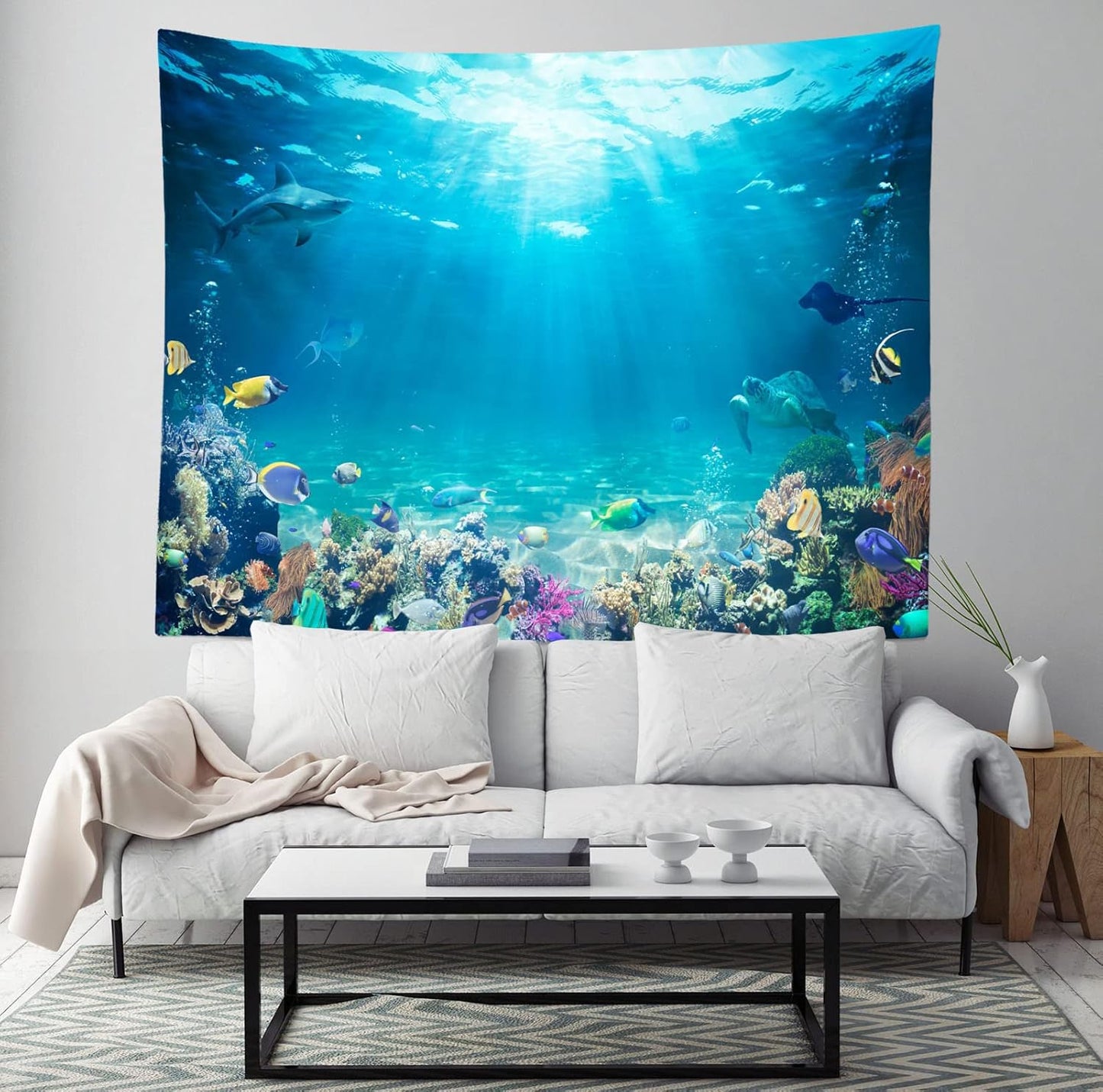 Loccor Underwater World Tapestry Blue Ocean Wall Hanging Under the Sea Coral Reef Wall Tapestry 179x98 Inches Tropical Fish Tank Undersea Tapestries Marine Wall Art for Bedroom Living Room Dorm Decor