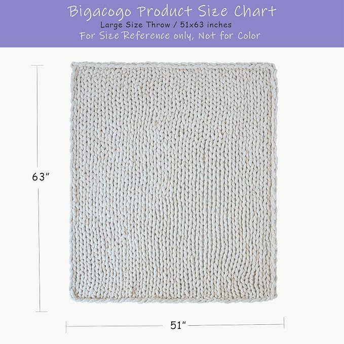 Bigacogo Chunky Knit Throw Blanket for Couch, 51x63 inches, Pure White | Hand Knit with Jumbo Chenille, Soft Breathable Cable Knit for Sofa Bed Living Room, Machine Washable, Gift for Mom Friend