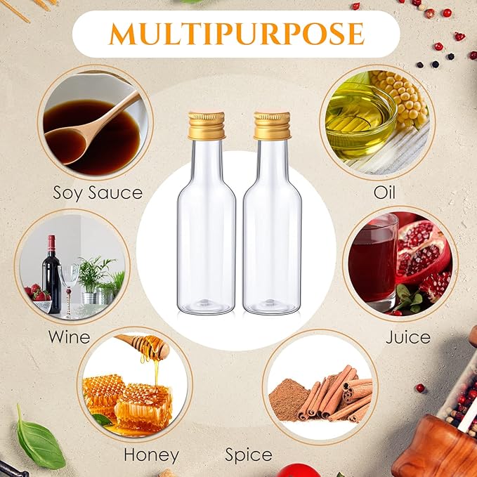100 Pcs Mini Liquor Bottles Set, 1.7oz Plastic Shot Bottles with Caps, 6 Funnels, 100 Tags, and 65ft Ropes, Miniature Spirit Containers Bulk for Wedding Party Favors