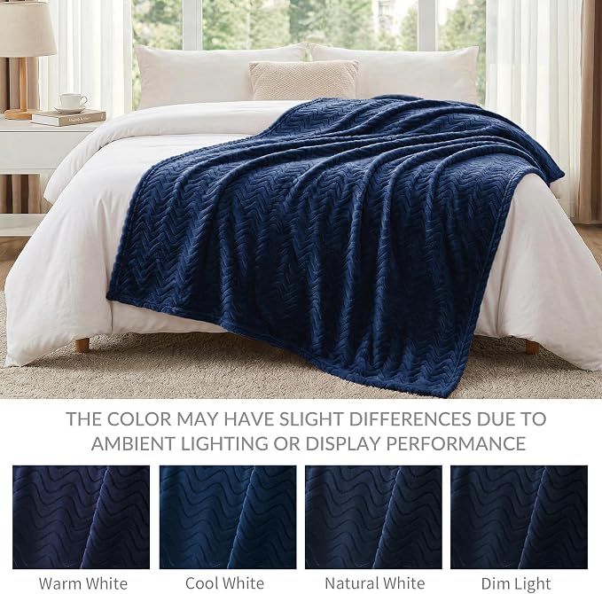 Exclusivo Mezcla Soft Fleece Blanket King Size, Cozy Lightweight Blankets with Decorative Wave Textured Suitable for All Season Use, Navy Blue, 90x104 Inches | 90"x104" Breathable Lightweight Flannel Blanket for Summer, Plush Cozy Jacquard Wave for Hom...
