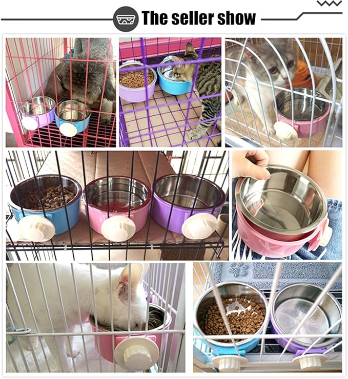 Crate Dog Bowl Removable Stainless Steel Water Food Feeder Bowls Cage Coop Cup for Cat Puppy Bird Pets (Large, Pink)