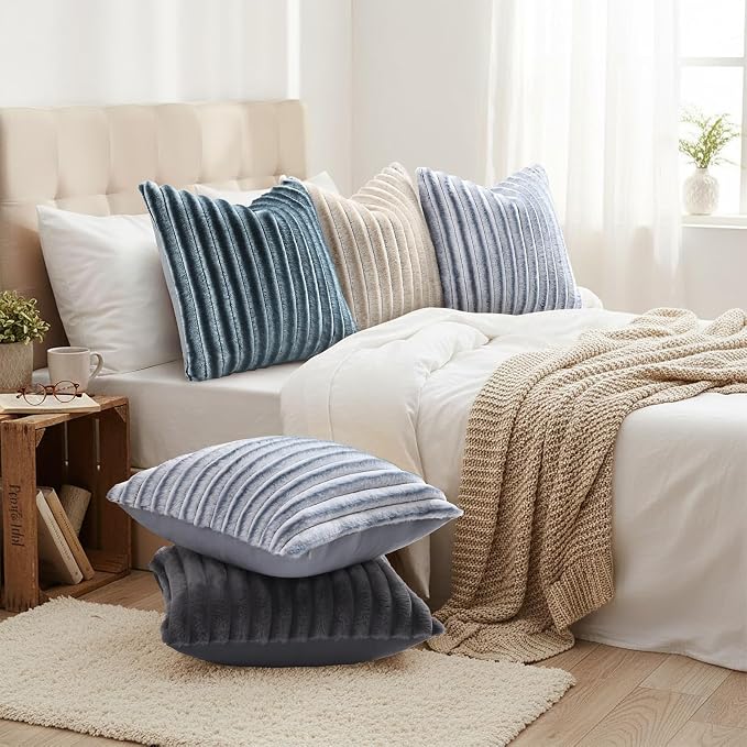 decorUhome Fall Faux Fur Throw Pillow Covers 12x20 Set of 2 Grey White | Decorative Soft Cozy Striped Plush Modern Farmhouse Boho Couch Pillow Cases Velvet Back for Sofa Bed Living Room Home Decor