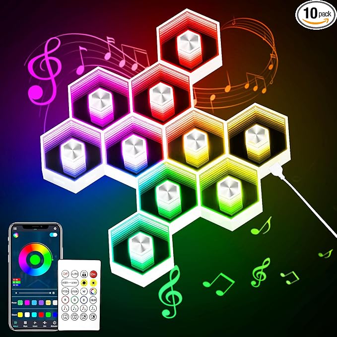 10 Pack Hexagon Lights Wall Panel | Hexagonal Led Lights Room Decor Wall Lights，Smart APP Music Sync Honeycomb Shape Panels Hexagon for Gaming Lights Decor