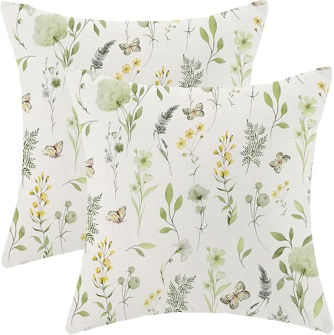 AEIOAE Spring Pillow Covers 18x18 Inch Set of 2, Sage Green Yellow Wild Flower Throw Pillows Case,Colorful Seasonal Floral Plant Outdoor Decorative Farmhouse Decor Cushion Covers for Sofa Bed Couch