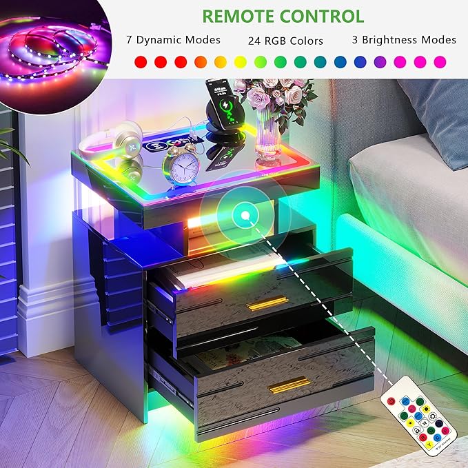 HNEBC LED Nightstand Set of 2 with Charging Station, High Gloss Nightstands Set 2 with Drawer and RGB Dynamic Lighting, Smartt Bedside Table for Bedroom/Living Room (Black)